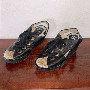 Fly London Yito Demani Black Lace-Up Wedge Sandals Size EU 37 US 7